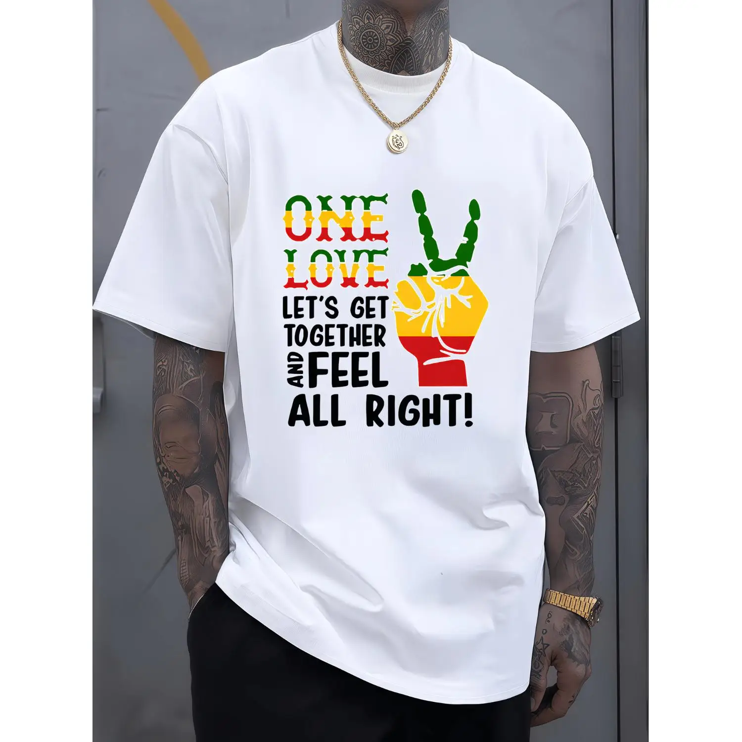 Summer Peace Sign Loose Fit Adult T-Shirt - Reggae Culture Print Loose Versatile - Men's Same Style Party Positive Energy Short Sleeve Top