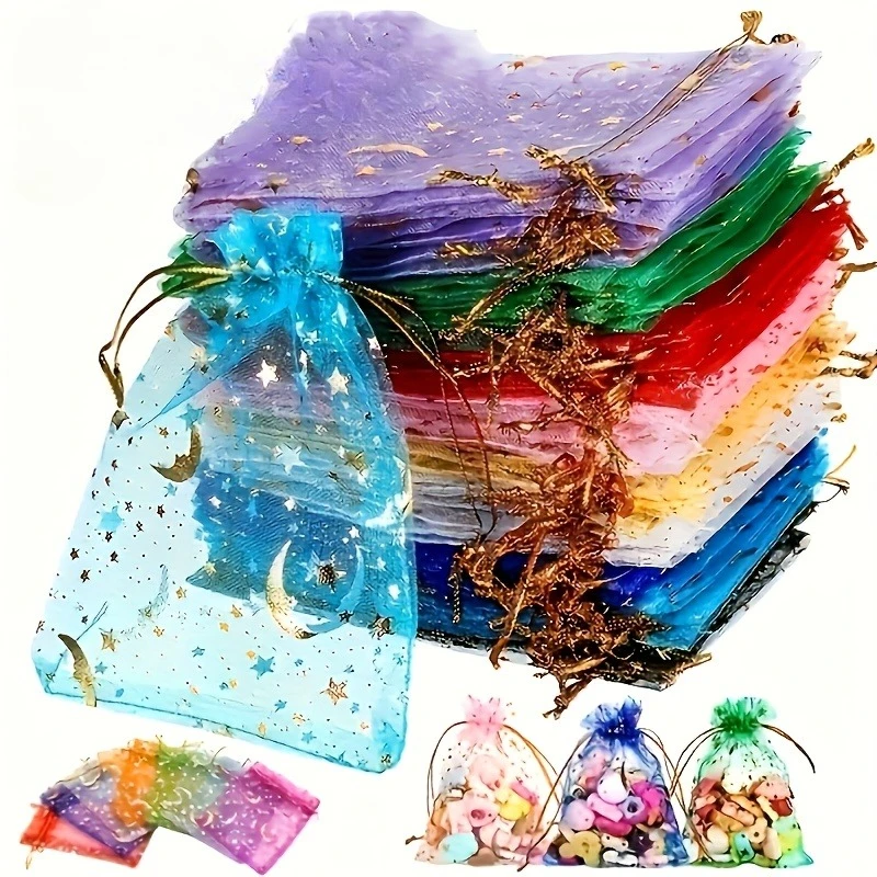 Sacs à cordon en organza motif étoile de lune, 30 pièces, pochettes de couleurs mélangées pour bijoux et bonbons, pour mariages, saint-valentin, noël