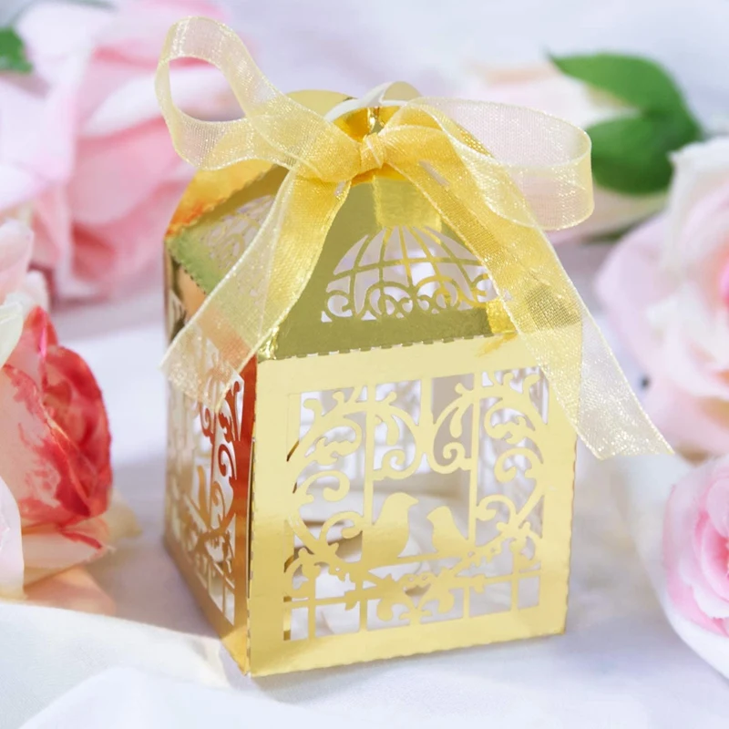 50 Pcs Deluxe Party Wedding Favor Super Gift Cut Pearl Paper Ribbon Candy Boxes Gift Box Classical Bird Style