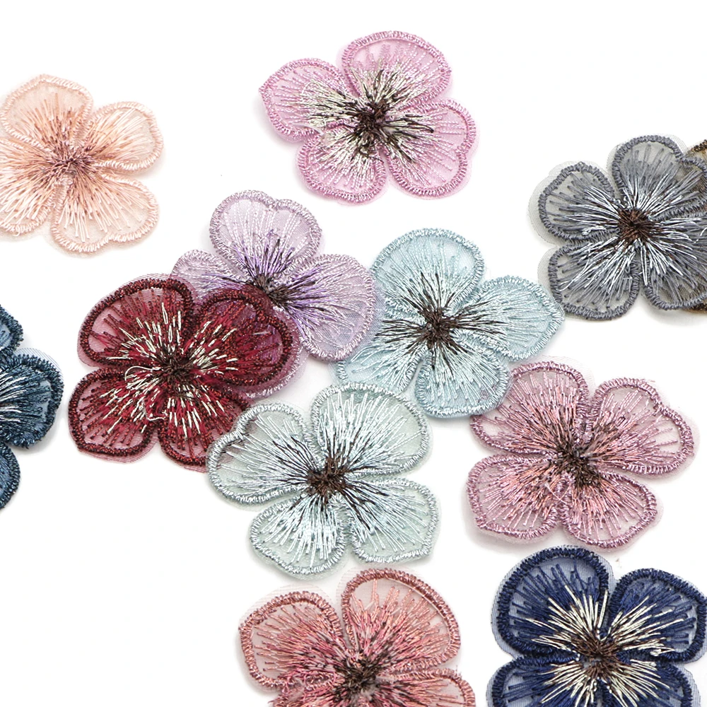 Mesh Embroidery Flower Accessories Solid Color Lace Gauze Floral 10pcs for DIY Bows Center Clothes Patch Decorations