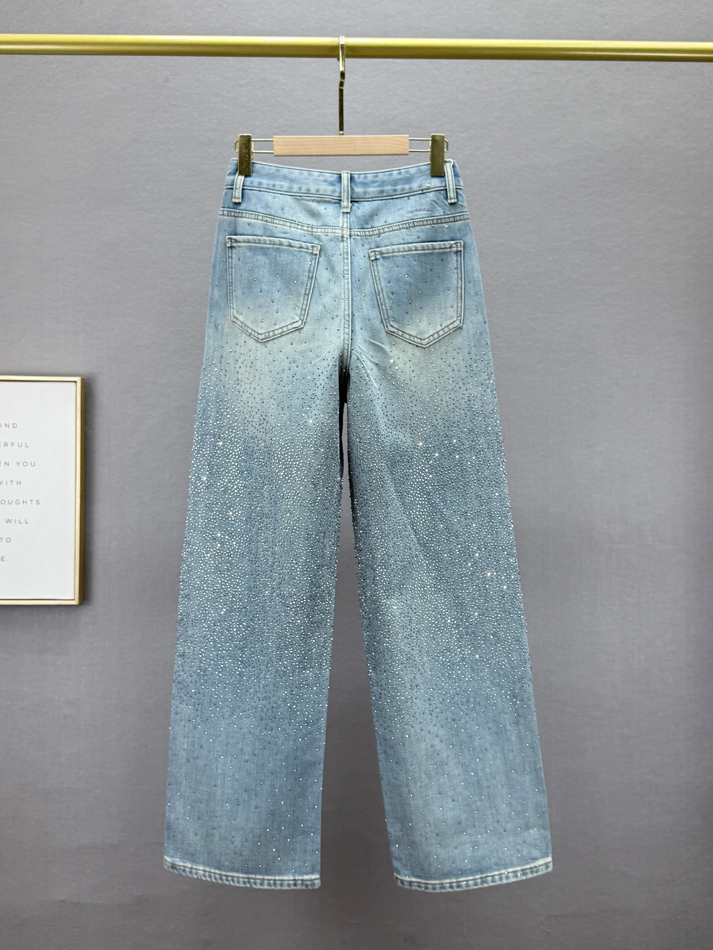 Fleece-Lined Jeans for Women, Wide-Leg Pants, Winter New High-Waisted Loose Slimming Heavy-Duty Rhinestone Floor-Length Trousers