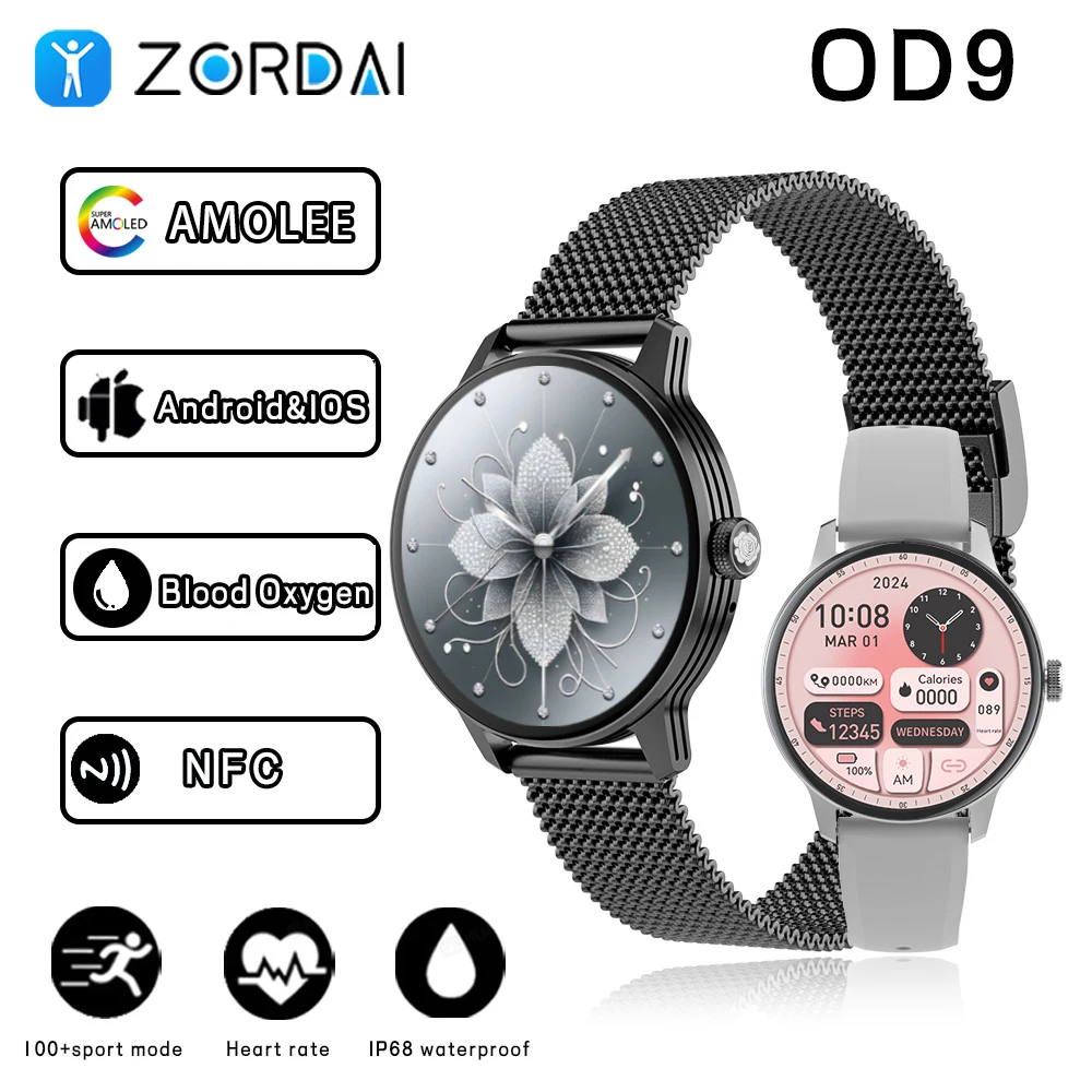 Zordai OD9 Bluetooth Call Smart Watch Women AMOLED Screen Custom Dial Watches Men Sport Fitness Tracker Heart Rate Smartwatch