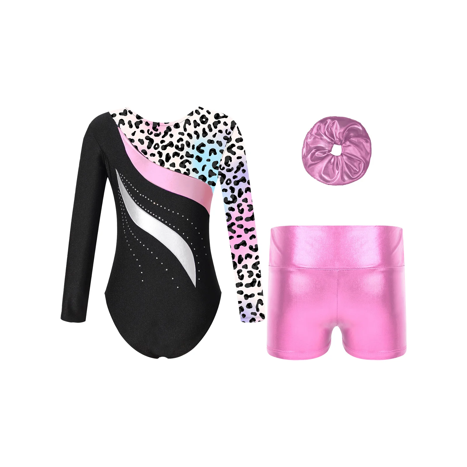 Kids Girls Printed Dance Set Patchwork Leotard with Metallic High Waist Shorts And Hair Tie Headwear for Gymnastics Skating