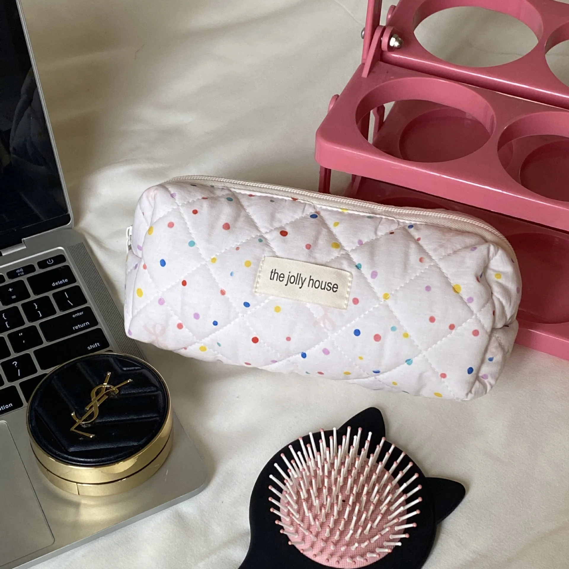 Cute Dot Print Quilting Cotton Makeup Bag Women Zipper Cosmetic Organizer Female Cloth Handbag Portable Toiletry Case for Girls