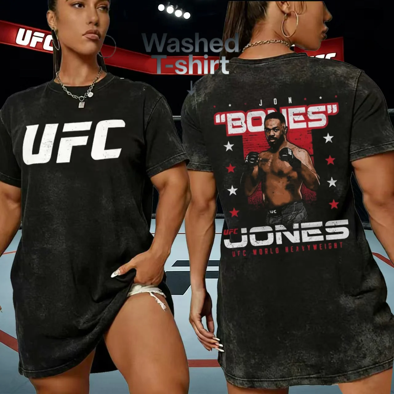 Camiseta con estampado gráfico lavado de Heather Jon Jones, nivel de marca UFC, Unisex, Vintage, manga corta, informal, de boxeo, verano 2026