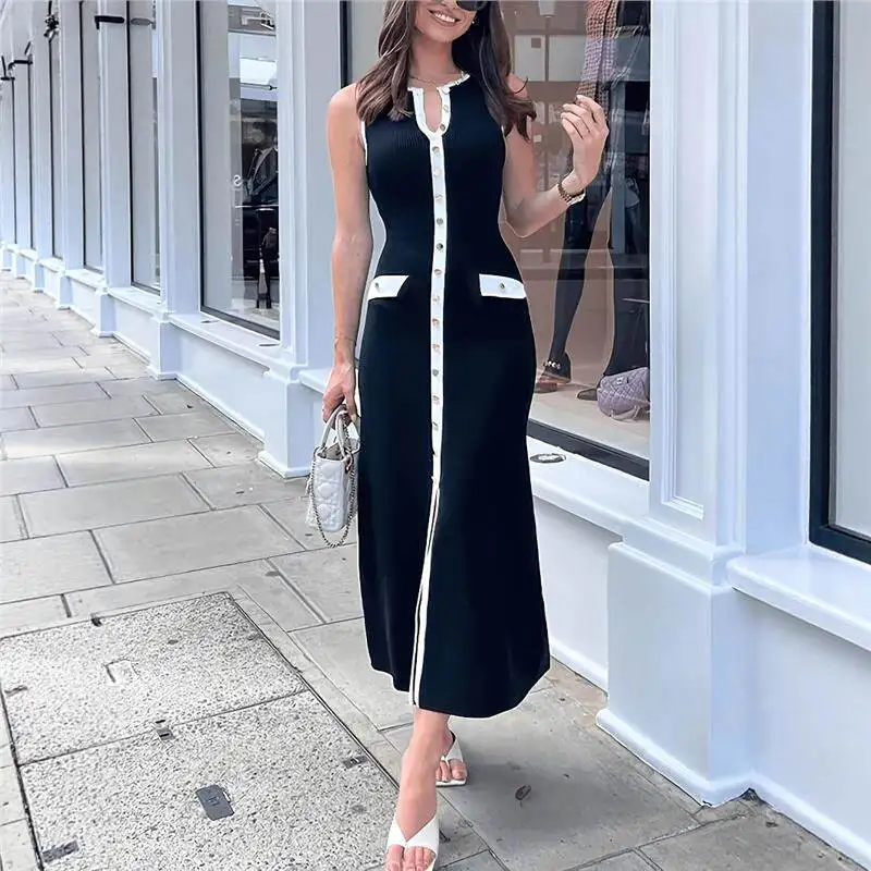 

Elegant Slimming Knitted Long Dress round Neck Button up Fitted Women's Fashion Winter Color Vest Style Casual Wear