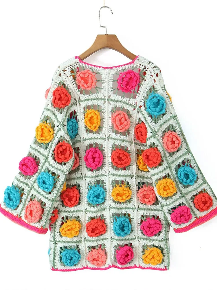 2024 European and American women\'s ethnic retro multi-color handmade three-dimensional flower cardigan sweater loose casual knit