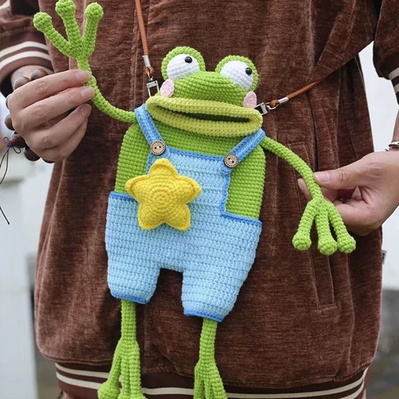 【DIY Materials Package】Knitted Crochet Kit With Video Big Mouth Frog Mobile Phone Bag Sausage Mouth Handmade Woven