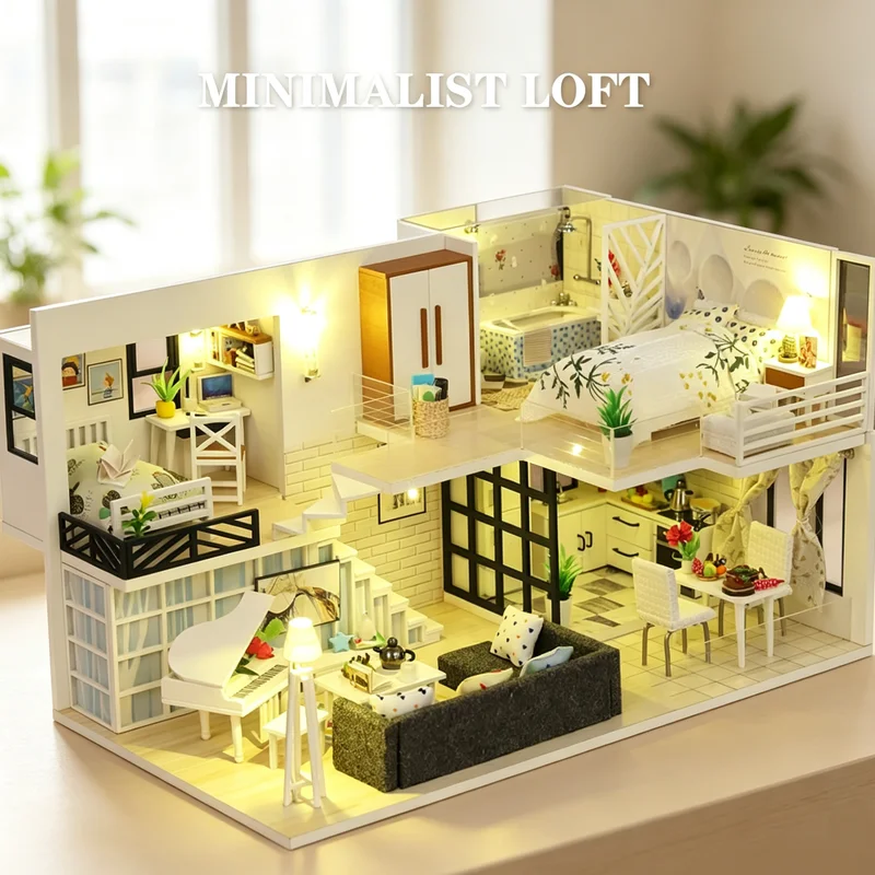 DIY Wooden House Toys With Lights Creative Loft Cabin Bedroom Living Room Model Miniature House Furniture Toy Christmas Gifts