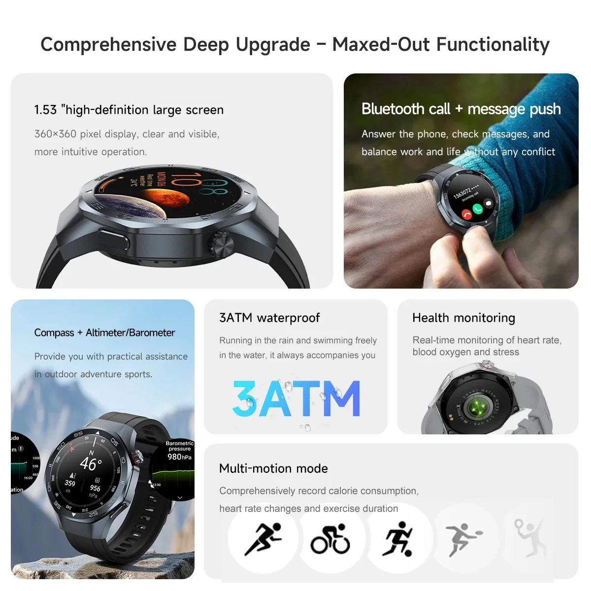 YTOM 2026 المدمج في ثنائي النطاق GPS Smartwatch 3ATM مقاوم للماء 1.53 بوصة IPS عرض البوصلة 520MAH معدل ضربات القلب BT دعوة ساعة ذكية