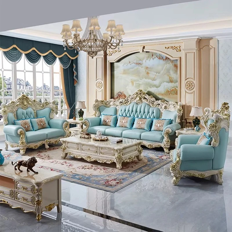 High-end Luxury European Sofa Combination Large Villa Living Room French Imported Solid Wood Carving Flower Top Layer Leather So