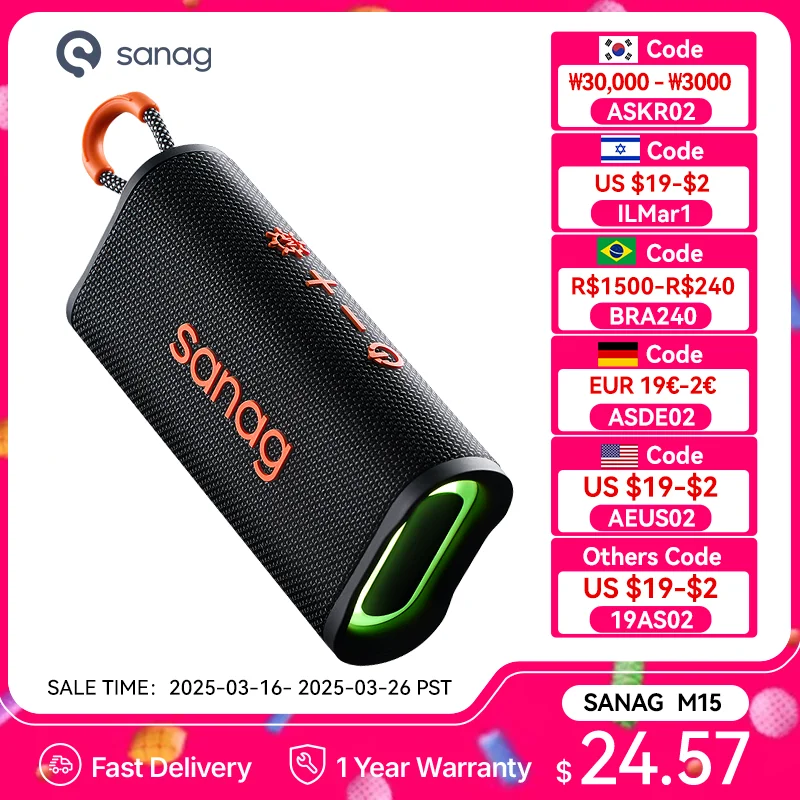 Sanag M15 Bluetooth Speaker IPX4 Waterproof Protable Wireless Speaker 10H Playtime for Camping Hiking Mixed Color Lights