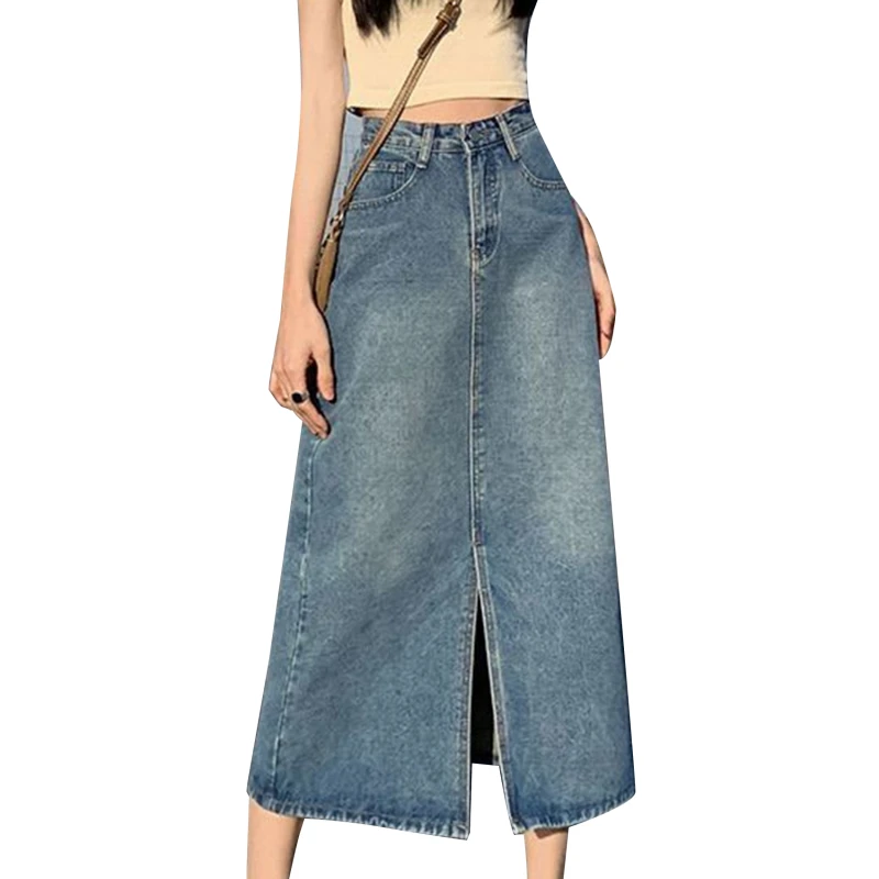 Vrouwen Split Lange Denim Rokken Zomer Hoge Taille Denim Rok Nieuwe Zomer A-Lijn Rok Met Omwikkelde Billen Rok Peervormig