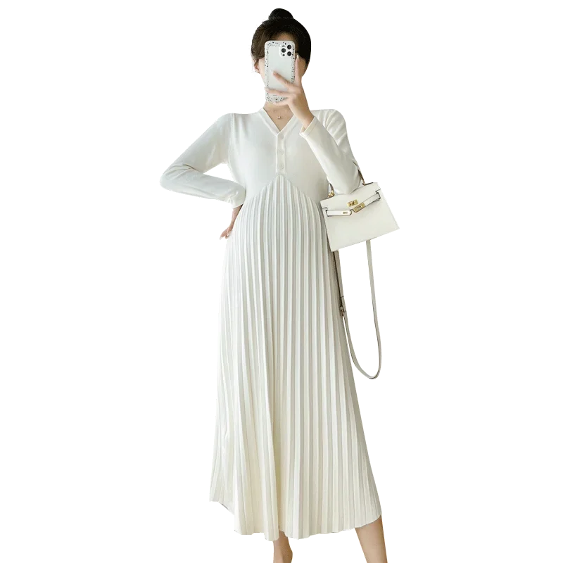 732# Autumn Winter Warm Knitted Maternity Long Dress Elegant A Line Slim Loose Clothes for Pregnant Women Pregnancy Sweaters