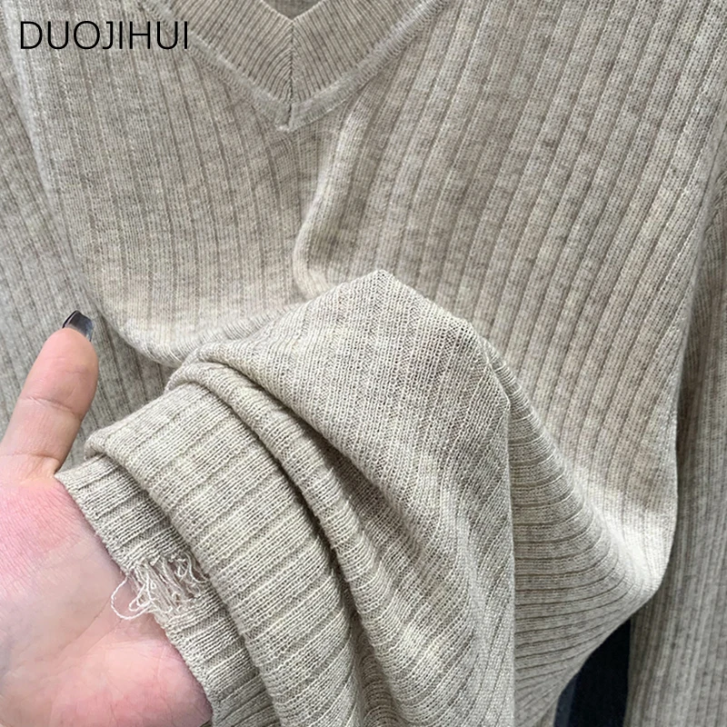 DUOJIHUI Classic V-neck Chic Striped Knitted Women Pullovers Autumn New Solid Color Long Sleeve Fashion Simple Female Pullovers