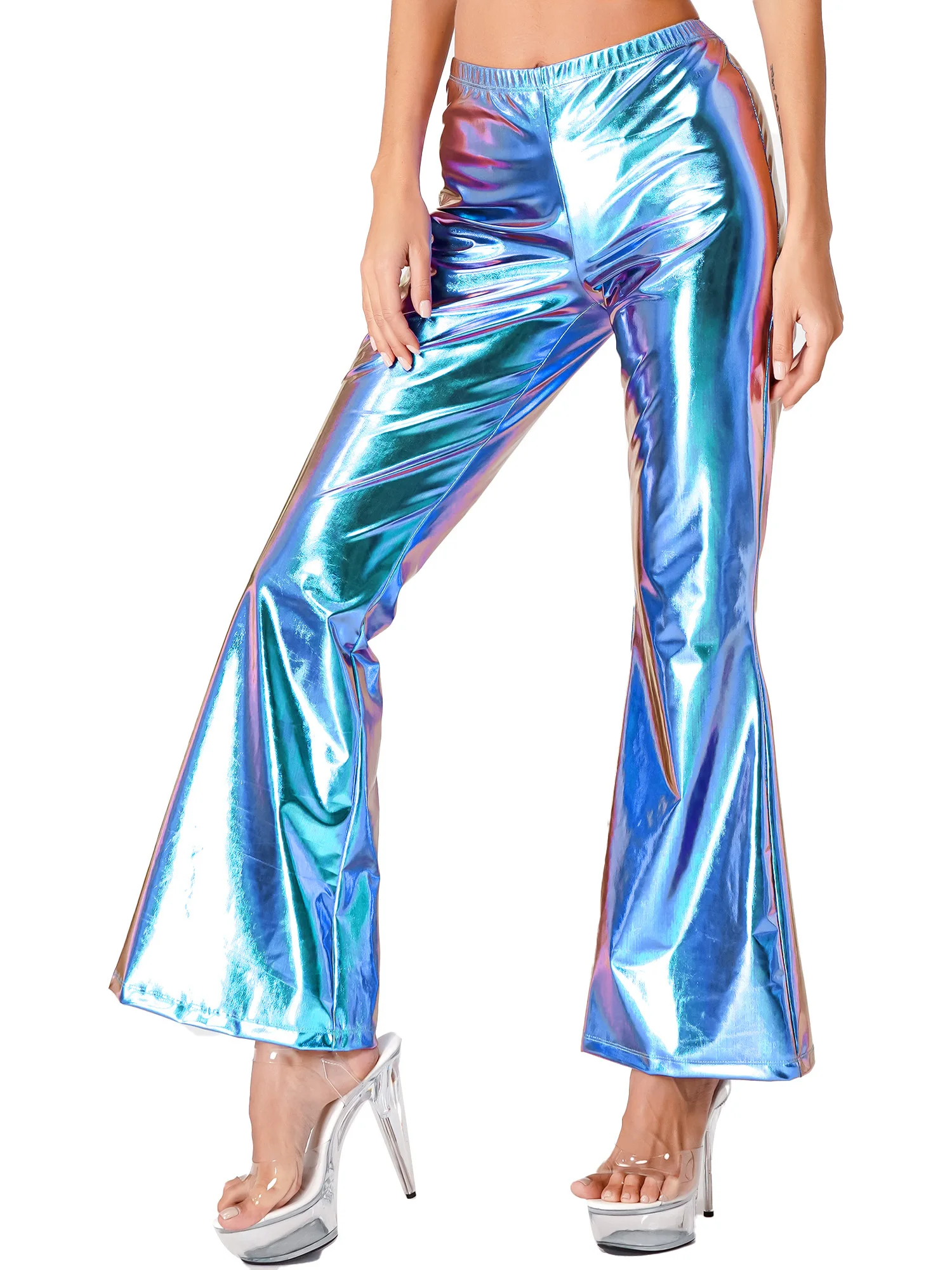 Women Shiny Flare Trousers Metallic Retro 70s Disco Hippie Trousers Skinny Bell Bottoms Cosplay Dancing Club Party Stage Costume