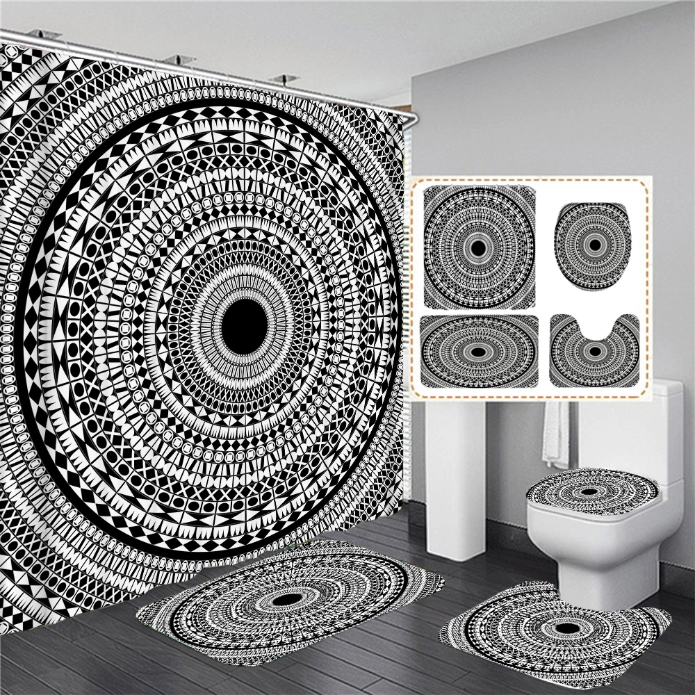 Ethnic Greek style Shower Curtains Waterpoof Bathroom Curtain Traditional Meander Border Bath Curtain Set Bath Mats Rug Decor