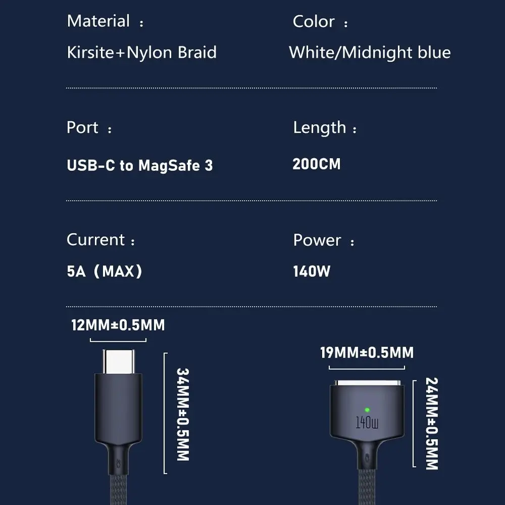 PD 140W Fast Charging Cable LED Light Magnetic Charger Cord 2M Length Nylon Braid for MacBook Air/Pro A2442 A2485 A2681