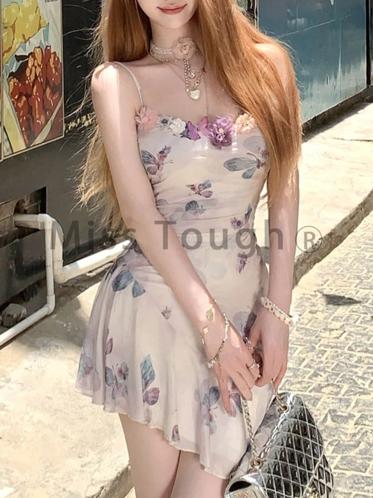 Sweet Floral Party Mini Dress Women Summer New Korean Printing Floral Y2k Dress Female Slim Chic Strap Beach Designer Dress 2024