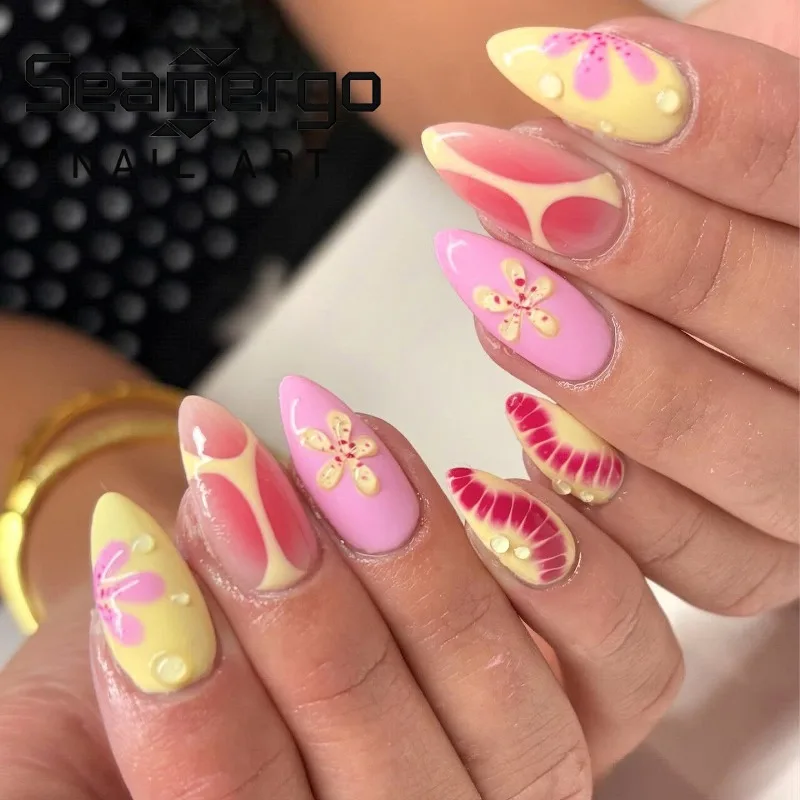 24PCS Red Blush Patterns False Nails with Glue Yellow Stripes French Nail Tips Art Sweet Pink Flowers Cute Almond Nails Press On