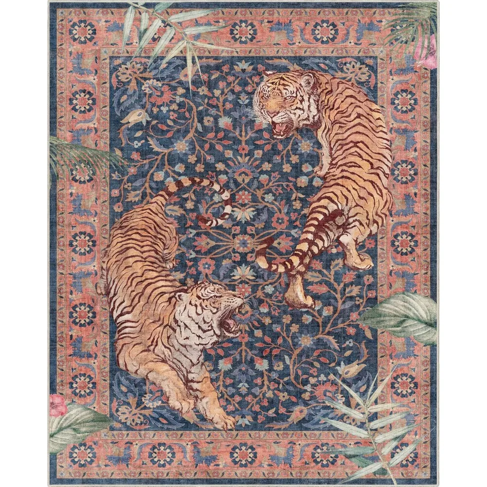 Apollo Botanical Tiger Navy Washable Rug – Dining Room & Bedroom, 7'10" x 9'10", Durable