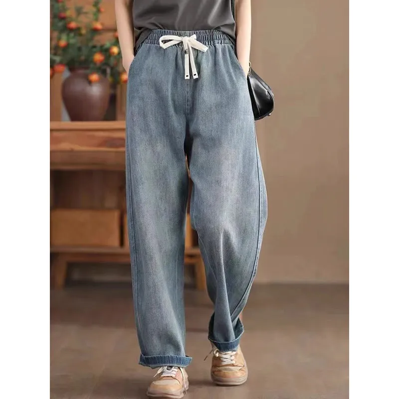 2024 Spring Summer New Fashion Women Elastic Waist Loose Jeans All-matched Casual Cotton Denim Ankle-length Harem Pants P706