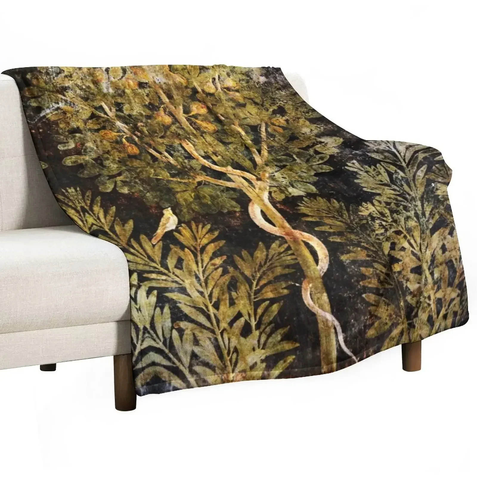 

ANTIQUE ROMANWALL PAINTINGS,SERPENT IN FIG TREE AND BIRD ,BLACK GREEN FLORAL Throw Blanket Thins manga Blankets