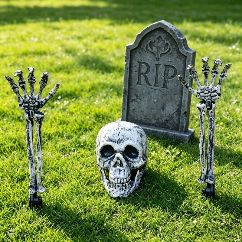 Halloween Yard Decoration Set of Three with Skull Heads and Skeleton Hands Holiday DIY Decor Perfect for Gatherings and Parties