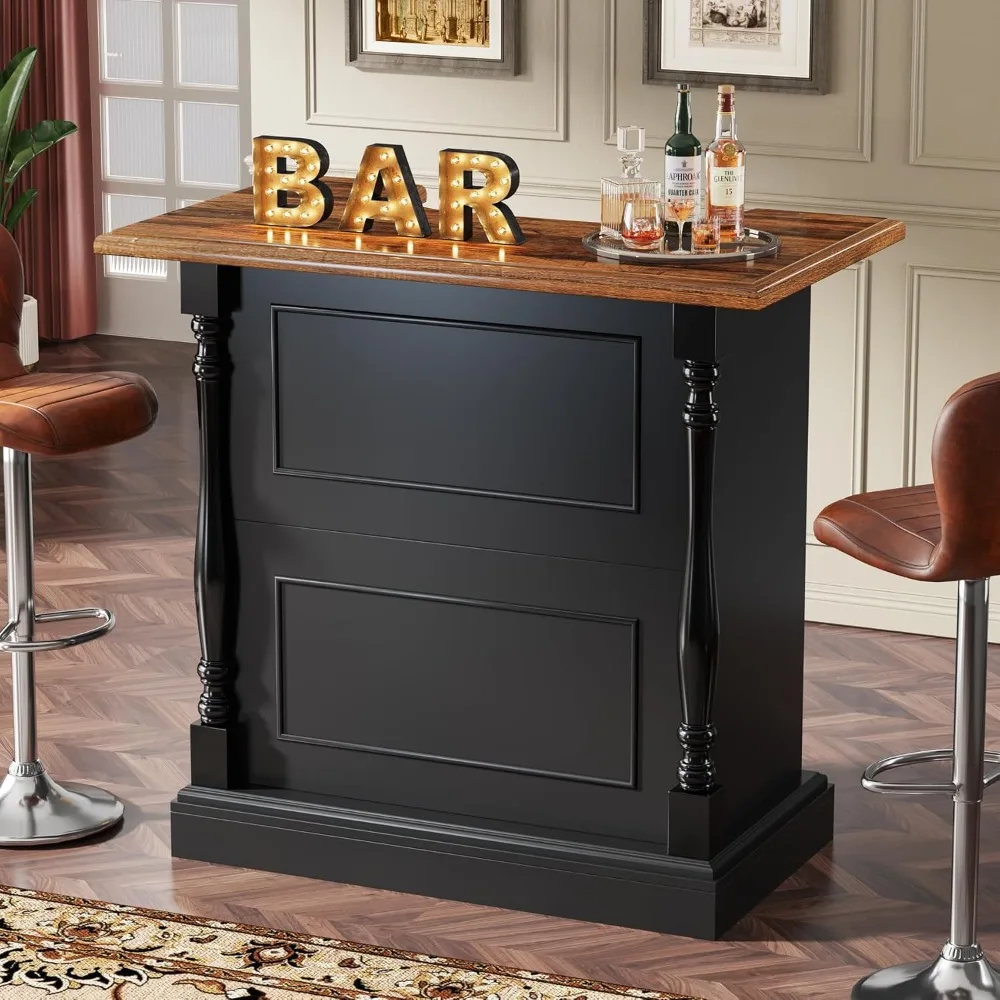 

Home Bar Unit, Industrial Liquor Bar Table with 3-Tier Storage Shelves and Wine Glasses Holder