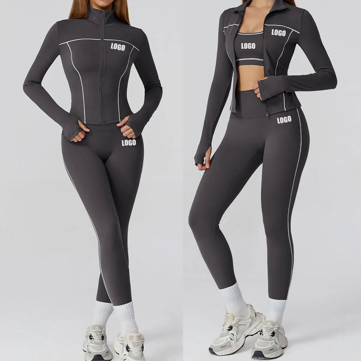 

Custom LOGO women's polished zipper slim yoga fitness suit casual running sports cycling three-piece set and two-piece set