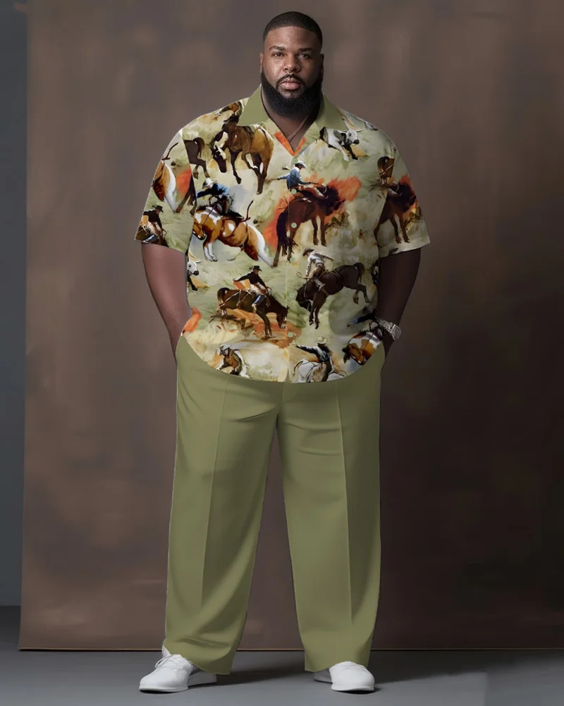 

S-9XL Men's Plus Size Vintage Cowboy Print Short Sleeve Shirt & Pants 2-Piece Set Western Loose Fit Summer