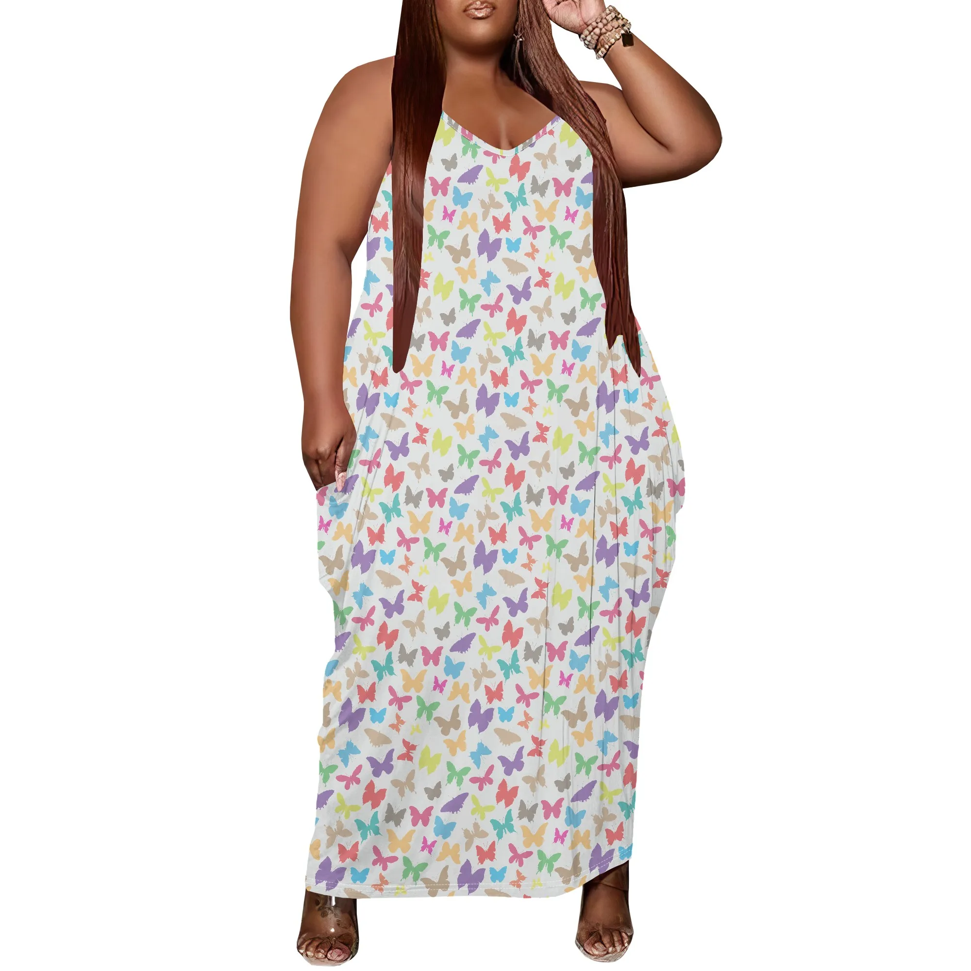 

Women Plus Size Dress Loose Slip Maxi Dress with Pocket Breathable Vintage Butterfly Print XL-6XL​