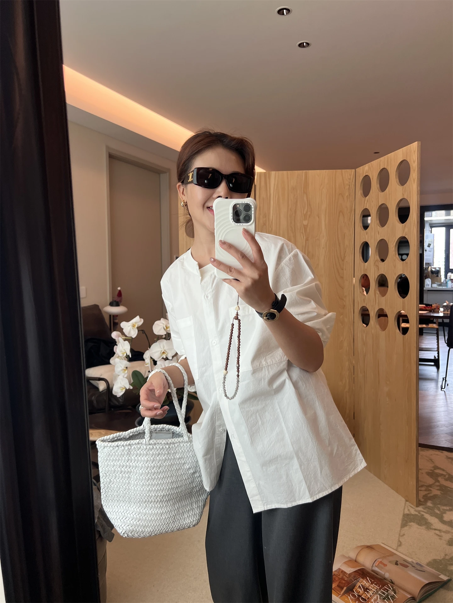 

White Loose Shoulder Drop round Neck Casual Style Long Sleeve Cotton Shirt Skin-friendly Breathable Versatile Single Piece