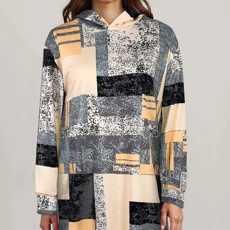 Trendy spring and autumn women's floral 3D pattern hooded sweatshirt dress, elegant long skirt fashion sweatshirt dress