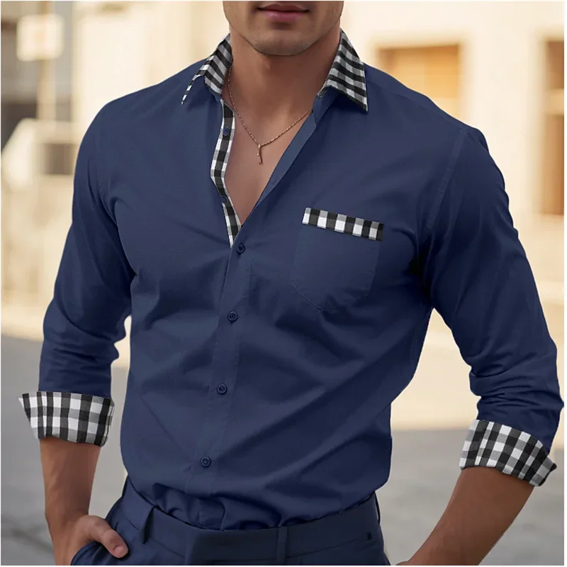 Men's Shirt Button Down Long Sleeve Plaid Color Block Lapel Daily Vacation Front Pocket Clothing Clothing Casual Comfortable Top