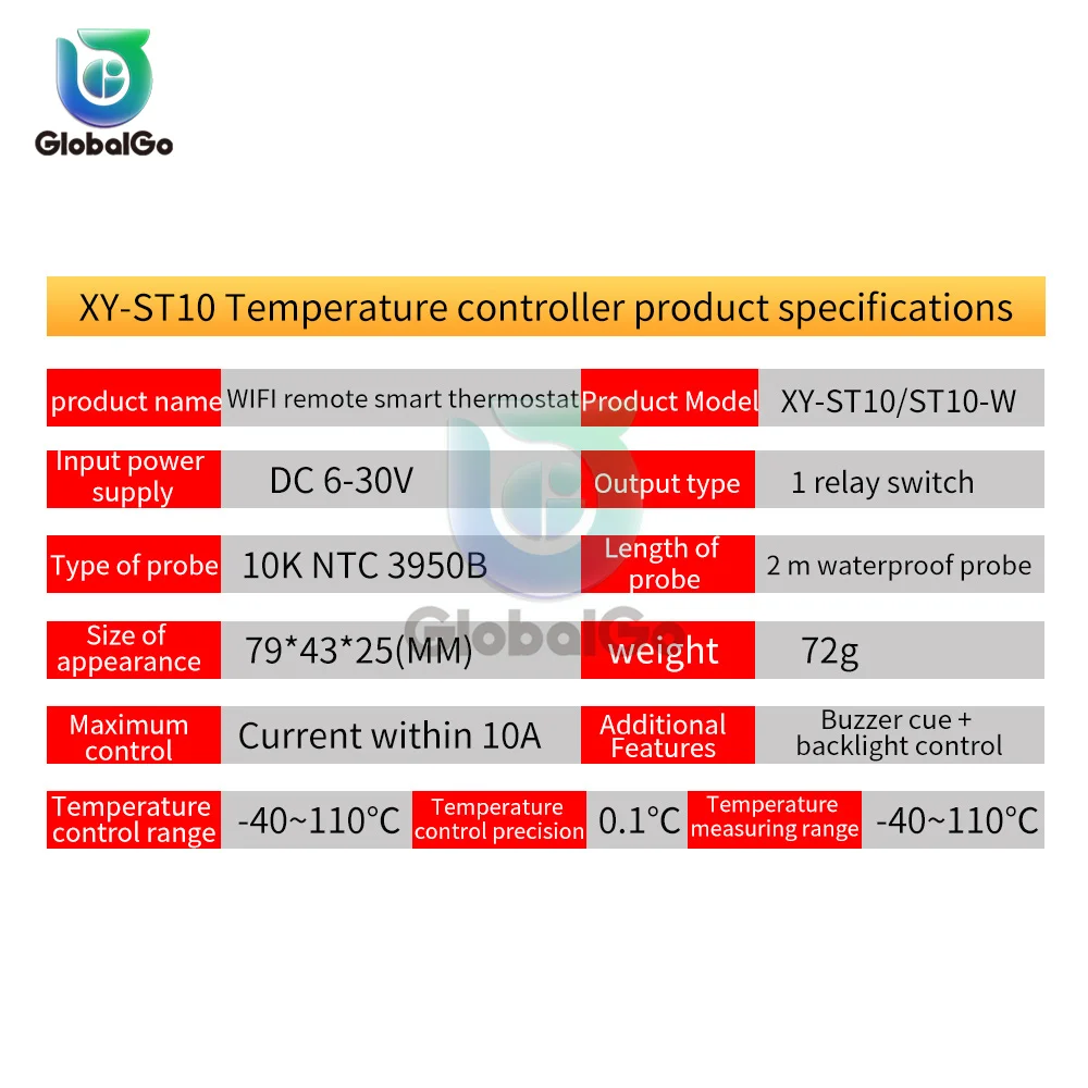 ST10 Remote WIFI Thermostat Temperature Controller Module DC 6-30V 10A Thermostat Regulator Heating Cooling Control With Sensor