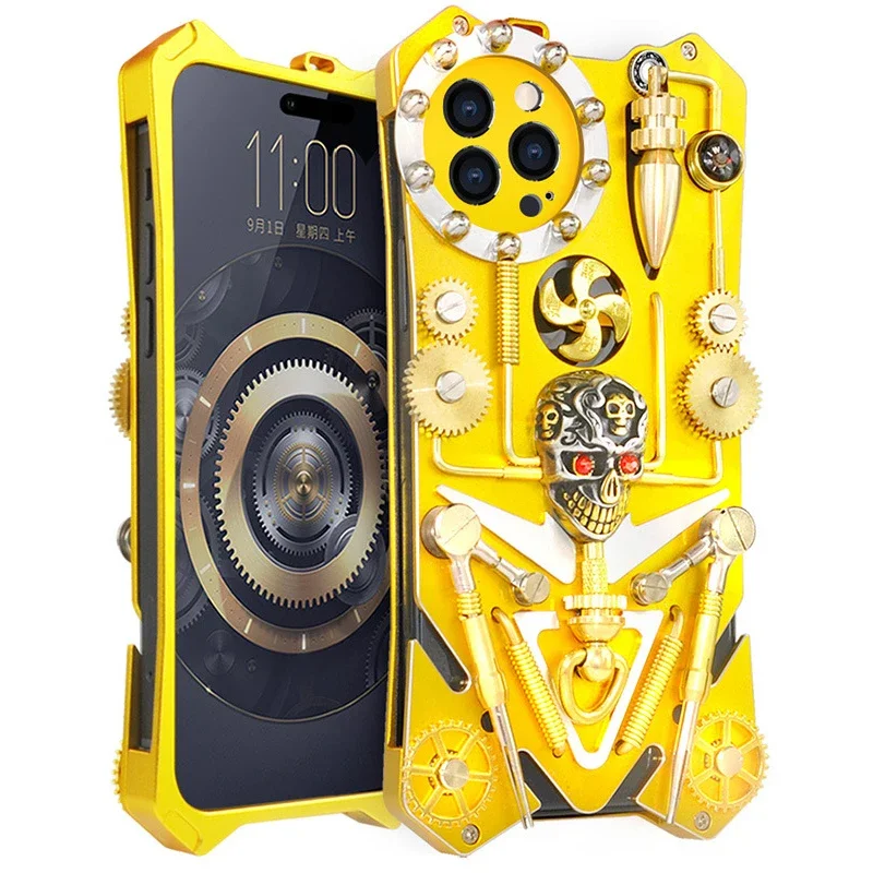 Metal Steel Machinery Shockproof Aluminum Golden Gears Armor Case For Apple Iphone 14 Pro Max 14 Plus 14 Pro Cover Bumper Coque