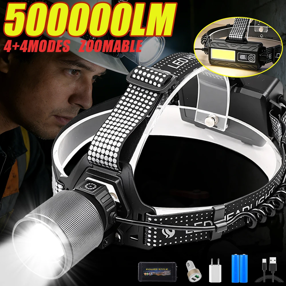 Type-C Rechargeable LED Headlamp with Tail COB 1000M Long Shot Camping Head Lamp Adjustable Focus Outdoor Fishing Hardhat Light