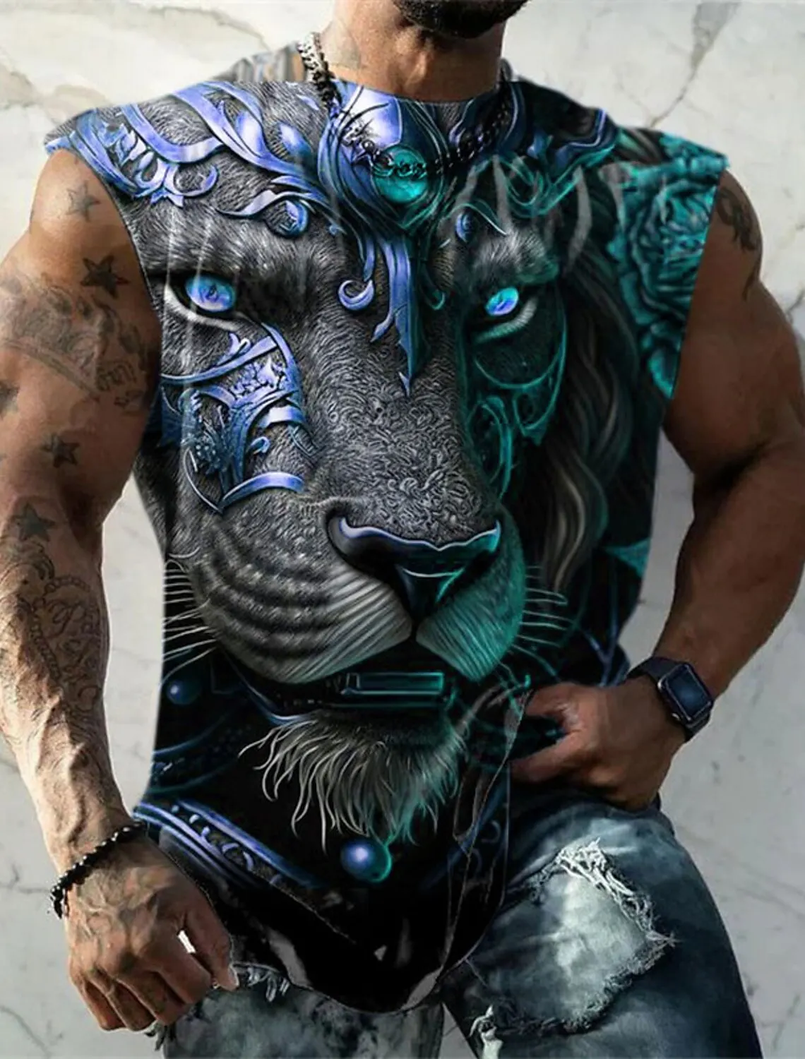 2023 Men\'s Vest Sleeveless T Shirt Mystery Panther Pattern Round Neck Clothing Fashion Sleeveless Print Fitness Sportswear