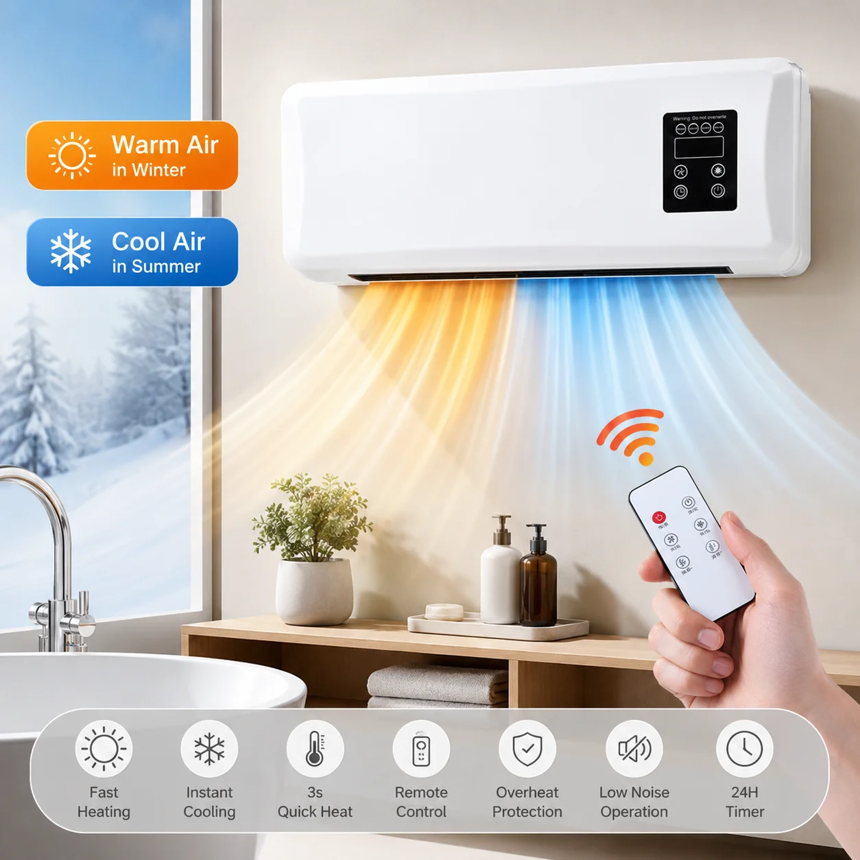 Wandmontierter Heizlüfter und Kühler 2-in-1 Tragbare Klimaanlage für Zuhause, Badezimmer und Schlafzimmer
