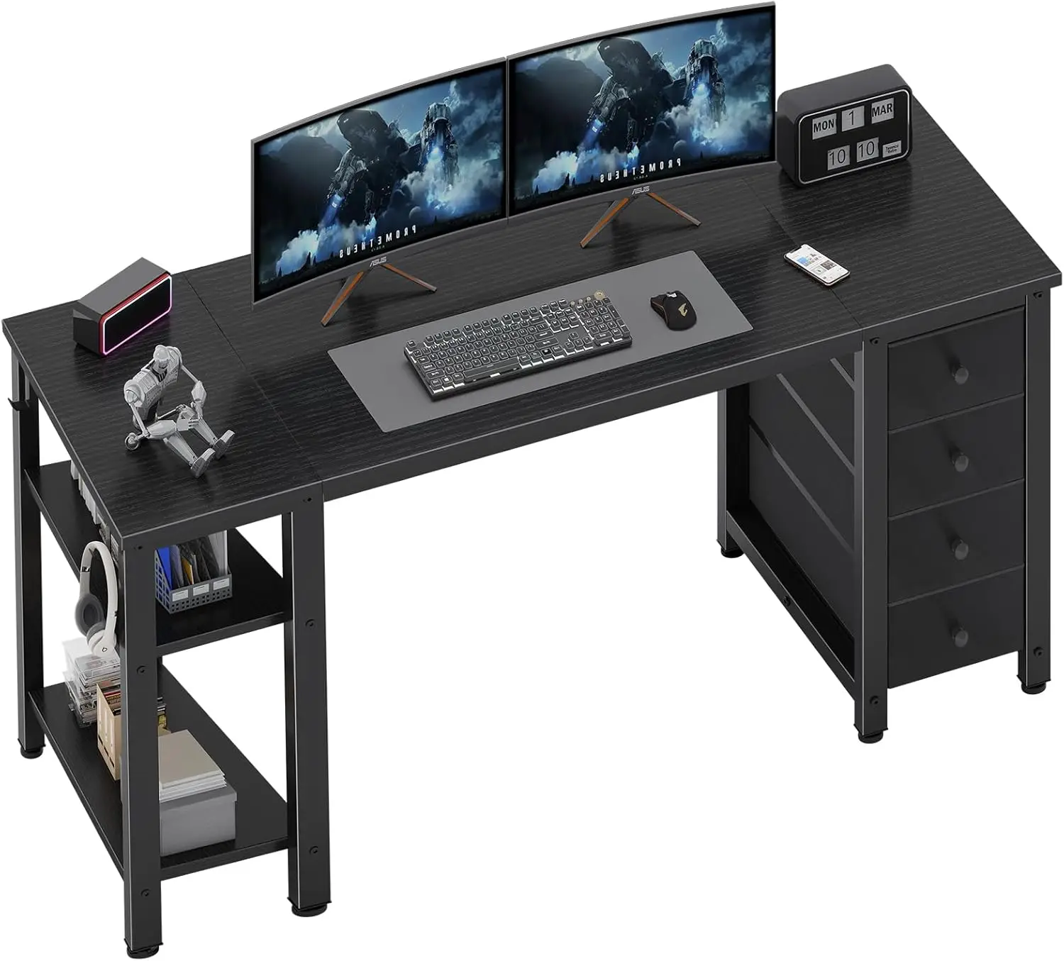 55-Inch Gaming Desk with 4 Fabric Drawers & Storage Shelves, Modern Home Office Study Table in Black