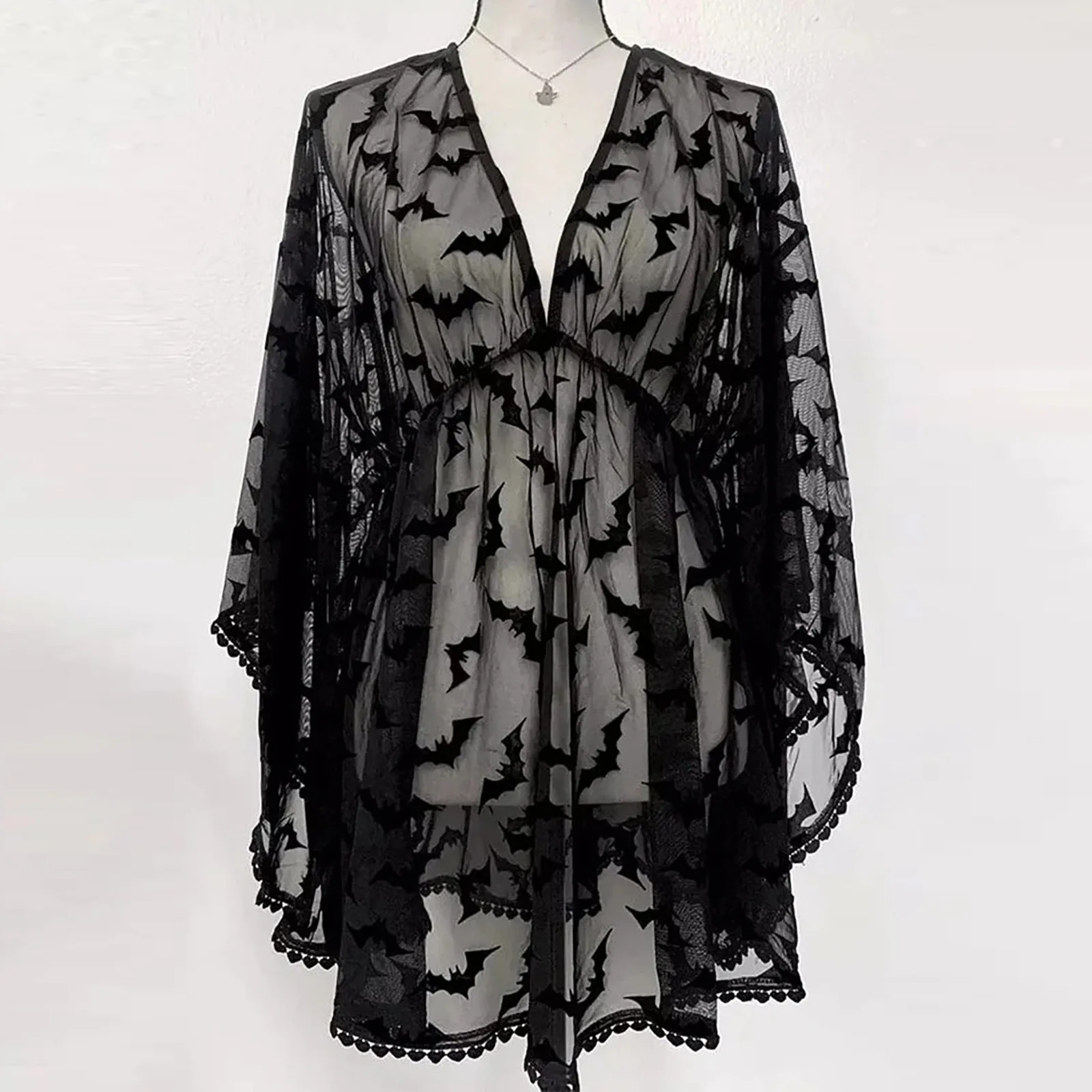 섹시한 로우인 란제리 딥 브이 박쥐 로브 시스루 레이스 나이트가운 여성용 특별 코스튬 속옷