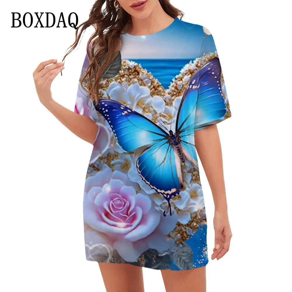 Hot Sale 2023 New Summer Dresses For Women Floral 3D Print Butterfly Dress Short Sleeve Loose Oversized Casual Mini Clothing