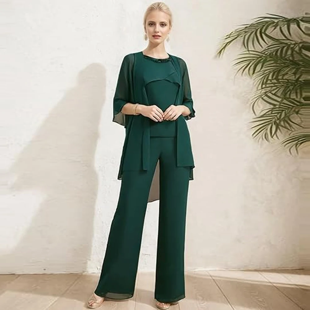 

Customized 3 Pieces Mother of The Bride Dresses Half Sleeves Formal Evening Gown Scoop Neck Wedding Guest Dress Chiffon 2025 New