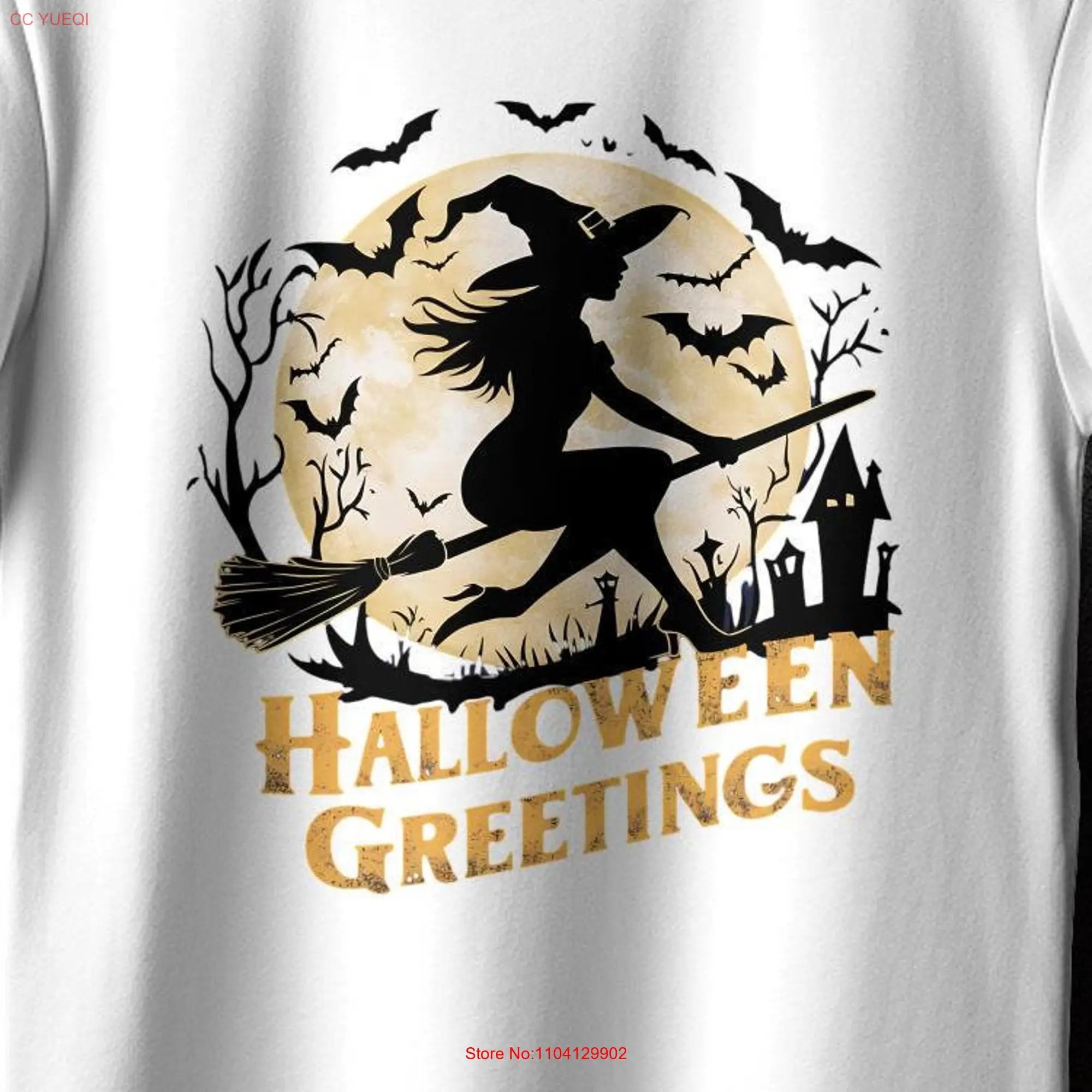 Spooky Witch Halloween T Shirt Greetings Flying Vintage Top on Broomstick long or short sleeves