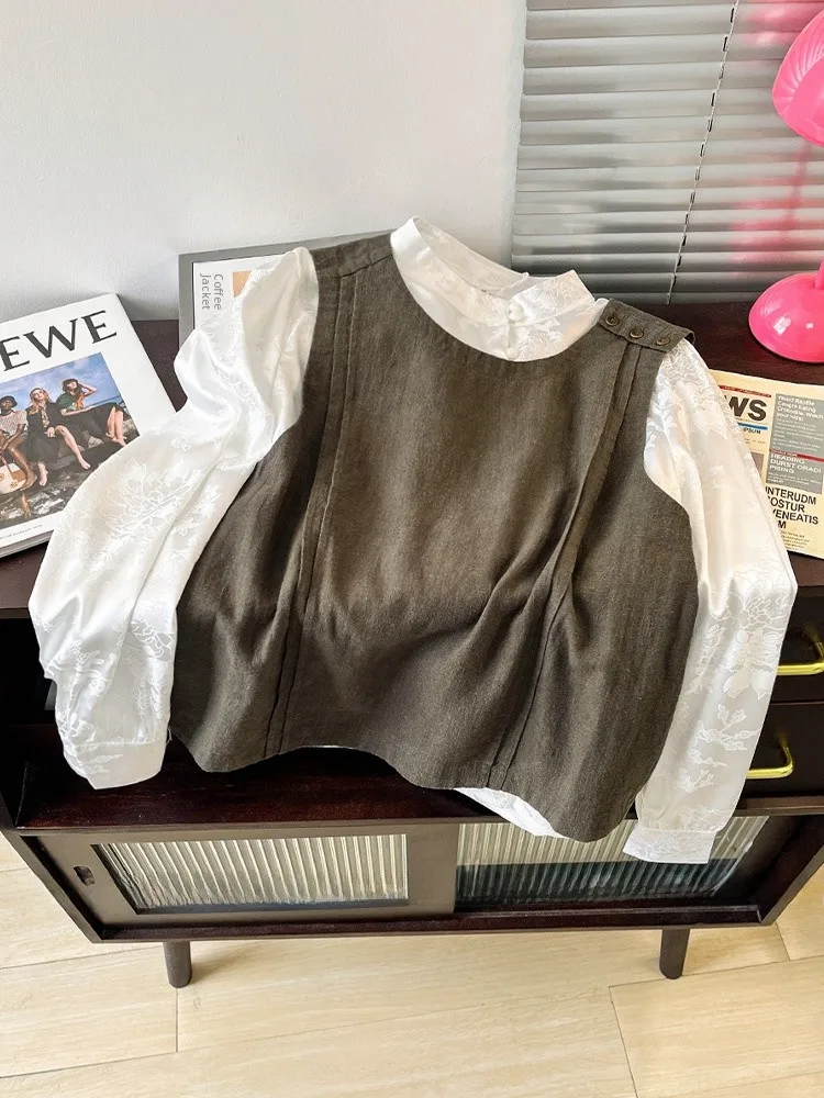 

Хлопково-льняной жилет в стиле ретро, женский осенний дизайн 2024, многослойный льняной жилет, топ для поездок на работу, круглый Ne