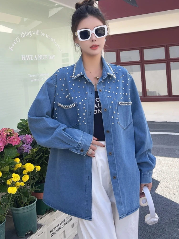 Damska, codzienna, długa kurtka dżinsowa z perłami i dżetami, na wiosnę i jesień, nowa, warstwowa, luźna odzież wierzchnia w stylu koreańskim.