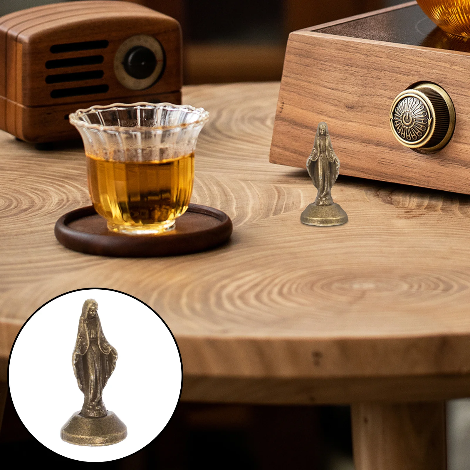 

2Pcs Statue Brass Small Religious Sculpture Catholic Home Altar Portable Decoration Small Holy Lady Statue