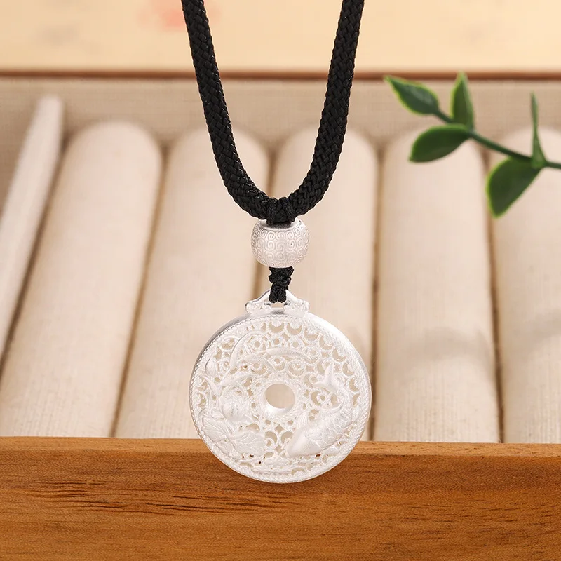 Traditional Hollow-Carved 999 Silver Pendant With Fish Motif And Peace, Hand-Braided Rope Necklace In New St