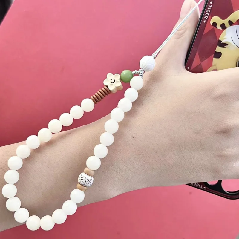 White Jade Bodhi Handmade Mobile Phone Charm Short Wrist Chinese Style Woven Anti-Separation Rope Mobile Phone Pendant Men And W